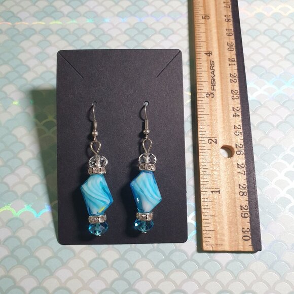 Vintage Earrings Blue White Swirled Dangle Crystal Rhinestone Women Formal Hook - Picture 2 of 3